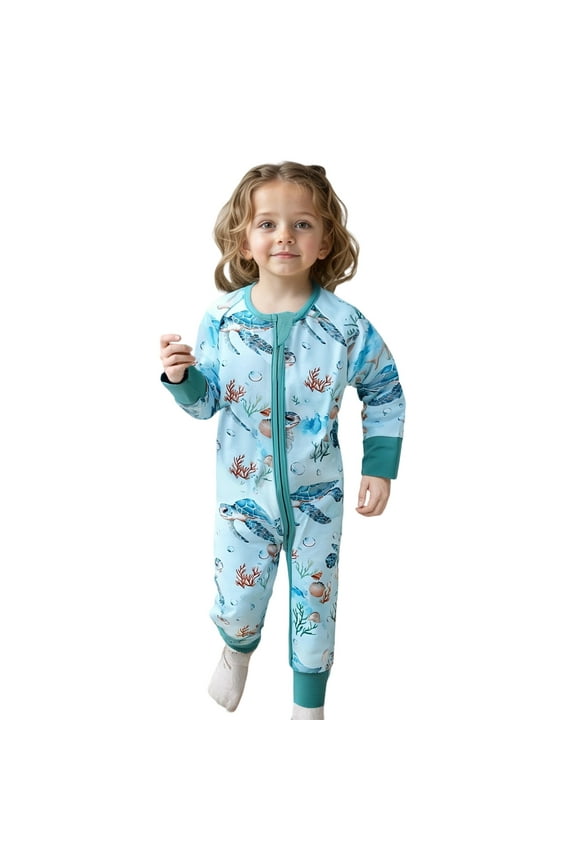 Newborn Girl Onesies Children's Turtle Digital Print Print Long Sleeve Footed Romper Light Blue