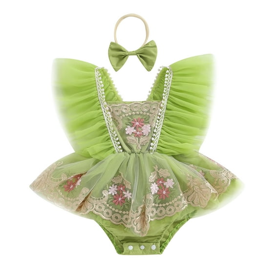 Newborn Girl Outfit, 3 6 12 18 24M Fly Sleeve Embroidery Flower Tulle Patchwork Romper Dress with Bow Hairband Summer Clothes