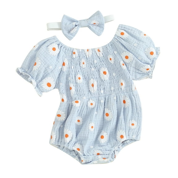 Newborn Girl Outfit, 6 12 18 24M Short Sleeve Pleated Flower Print Bodysuit with Headband Summer Clothes