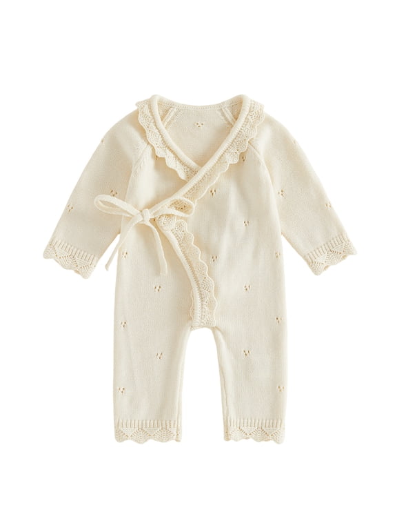 Newborn Girl Outfit Baby Sweater Knit Kimono Wrap Romper Footless Jumpsuit Coming Home Outfit