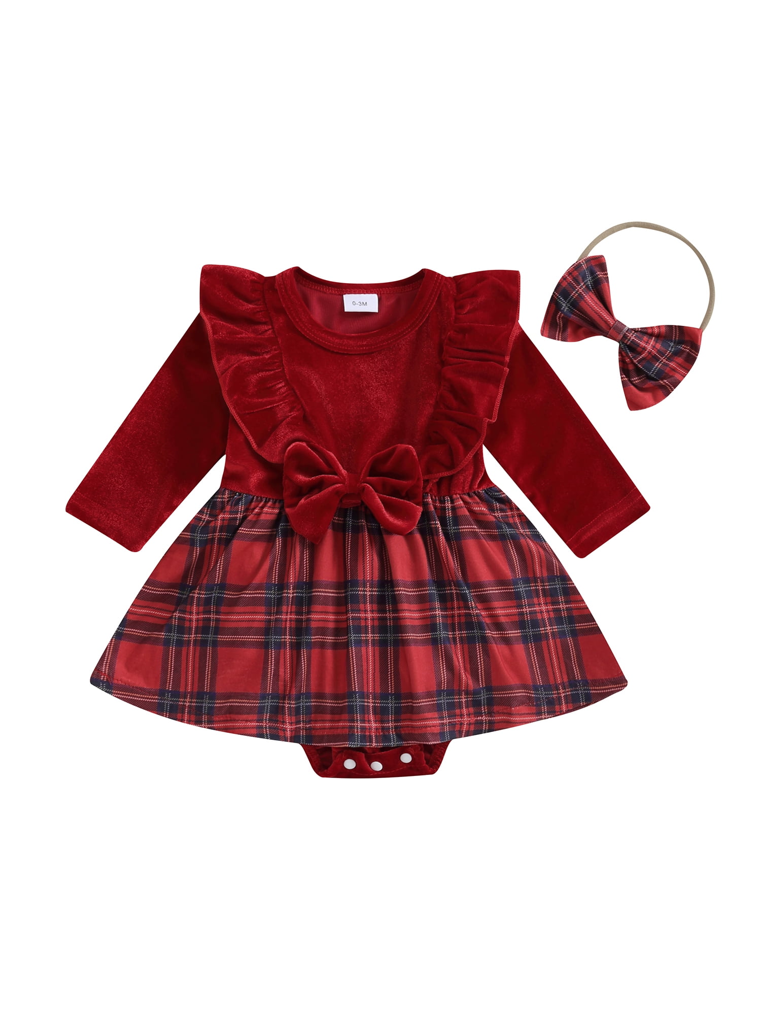 Newborn Girl Outfit, Long Sleeve Plaid Romper Dress with Bow Headband ...