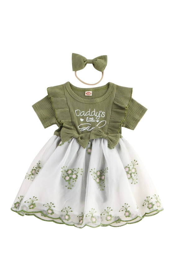 Newborn Girl Outfit, Short Sleeve Crew Neck Bow Flower A-line Romper Dress with Headband Clothes