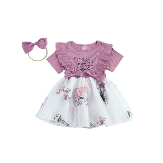 Newborn Girl Outfit, Short Sleeve Crew Neck Bow Flower A-line Romper Dress with Headband Clothes
