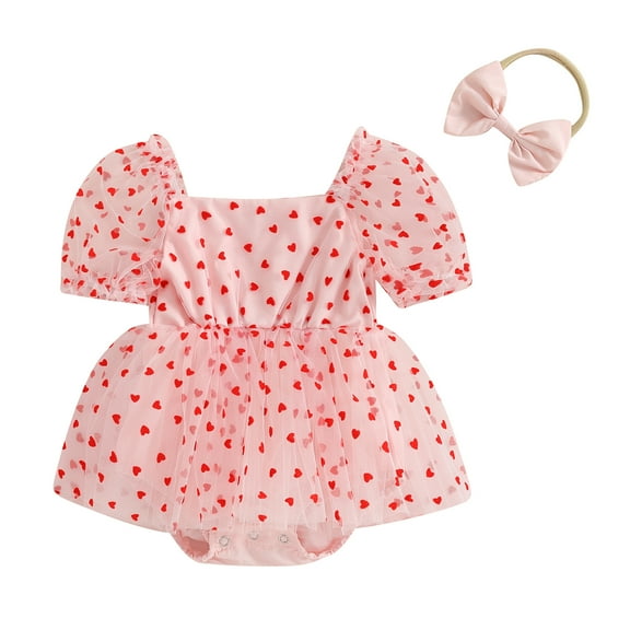 Newborn Girl Outfit, Short Sleeve Heart Print A-line Romper Dress with Bowknot Headband Clothes