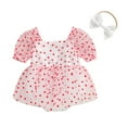 thumbnail image 1 of Newborn Girl Outfit, Short Sleeve Heart Print A-line Romper Dress with Bowknot Headband Clothes, 1 of 10