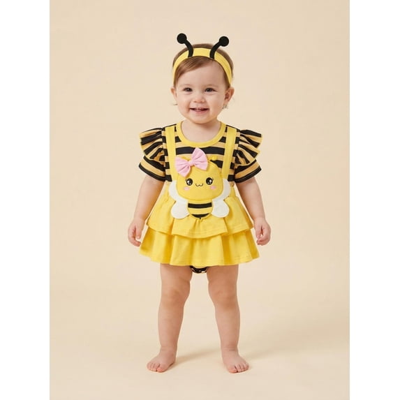 Newborn Girl Outfit, Short Sleeve Striped Bee A-line Romper Dress with Headband Clothes
