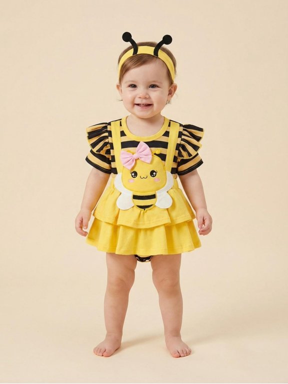Newborn Girl Outfit, Short Sleeve Striped Bee A-line Romper Dress with Headband Clothes