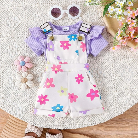 Girl Outfits Baby Toddler Girls Summer Short Sleeve Solid Top Bow Print Overalls with Adjustable Straps 2 Piece Set Baby Outfits Purple 6 Months-9 Months