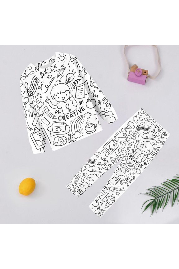 Girl Outfits Kids Diy Doodle Long Sleeve Homewear Set with Washable Markers Baby Clothes White 2Y
