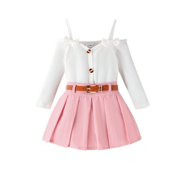 Girl Outfits Long Sleeve Ribbed Tops Button Flannel Plaid Skirts 2Pcs Outfits Clothes Girls Pink 3 Years-4 Years