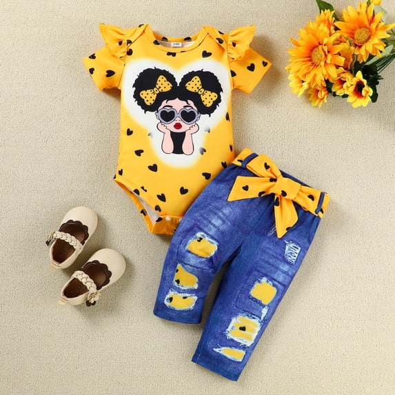 Girl Outfits Short Sleeve Cartoon Heart Print Romper with Denim Pants and Belt Girls' Clothing Sets Yellow 3-6M