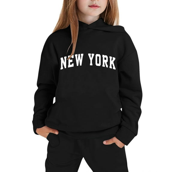 Girl Outfits Teen Kids Fall Sweatsuit Vintage Letter Print Long Sleeve Hoodie and Sweatpants 2 Piece Set Casual Tracksuit Boy Outfits Black1 6 Years-7 Years