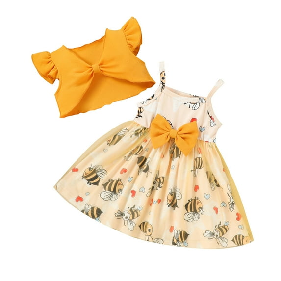 Girl Outfits Toddler Girls Fly Sleeve Ruffles Tops Cartoon Prints Princess Vest Dress Outfits Clothes Girls Yellow 9 Months-12 Months