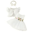 thumbnail image 1 of Girl Outfits Toddler Sleeveless Short Coat Sleeveless Floral Mesh Dress Headband 3 Piece Set New Born Clothes Baby Girl White 6 Months-9 Months, 1 of 7