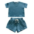 thumbnail image 1 of Girl Outfits Tracksuit Summer Solid Short Sleeve T Shirt Shorts Set Baby Girl Clothes Blue 12-24 Months, 1 of 2