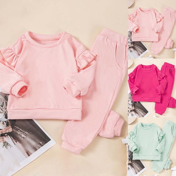 Girl Outfits Winter Solid Hoodie and Pants Cozy Two Piece Set Girls' Clothing Sets Hot Pink 3-4T