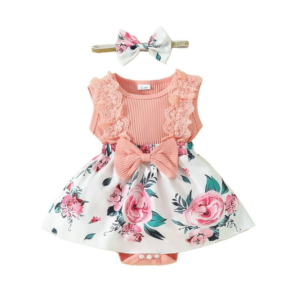 Girls Jumpsuit Baby Girls Summer Sleeveless Ribbed Romper Floral Prints Bodysuits Dress Headbands Outfits Toddler Romper Red 12 Months-18 Months