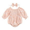 thumbnail image 1 of Newborn Girl Romper Outfits Long Sleeve Floral Printed Pleated Romper + Cute Bow-Knot Headband Set, 1 of 8