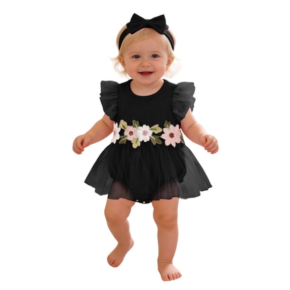 Newborn Girl Soft Outfit Short Sleeve Romper Dress Baby With Floral And Hair Cute Party For Vacation Trip Baby Bodysuit Size 1-3 Months