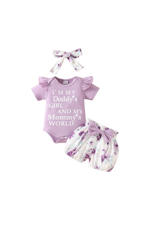 Newborn Girl Summer Outfits Clothes Short Sleeve Daddy Mama Saying Romper Floral Shorts Headband Gift Sets Size 0-3 months