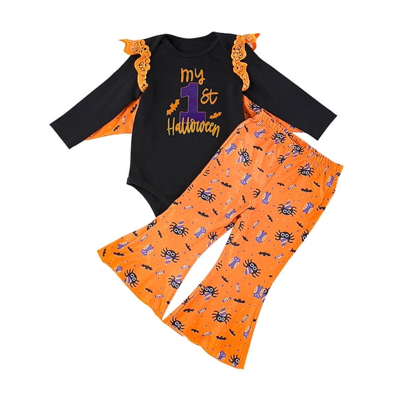 Girls Clothes Fall Outfits Baby My 1st Halloween Long Sleeve Romper Spider Print Flares Pant Set 2 Piece Kids Casual Clothes Size 0-3 Months