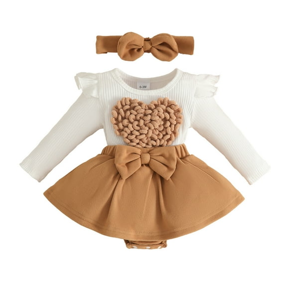 Newborn Girls Long Sleeve Bodysuit Set With Bow Headband Ribbed Knit Heart Fall Winter Romper Jumpsuit