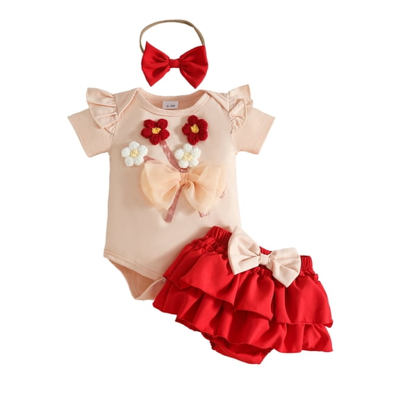Newborn Girls One Piece Romper Cute Comfy Onesies With Bow Shorts & Headband Short Sleeve Crew Neck Jumpsuit (12-18 Months, Red)