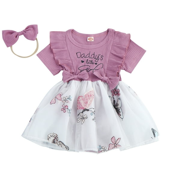 Newborn Girls Princess Dress Outfit 3M 6M 12M 18M 24M Short Sleeve Crew Neck Bow Flower A-line Romper Dress with Headband Sweety Girls Clothes