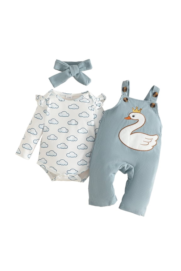 Newborn Girls Summer Outfit 2 Piece Set Long Sleeve Cartoon Cloud Prints Romper Bodysuit Suspender Pants With Headband Casual Outfits Size 3-6Months