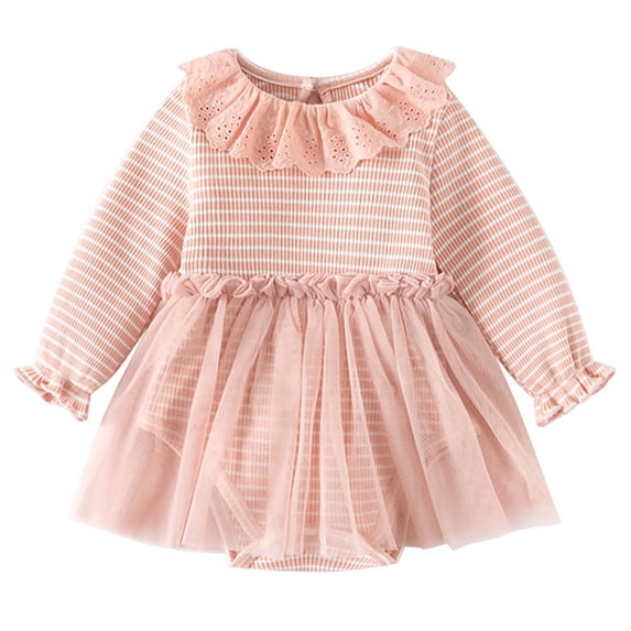 Newborn Girls Tutu-Dresses with Shorts 0-24M Infant Kids Cute Long Sleeve Ruffle Crewneck Tulle-Splice Stripe Printed Peplum Mini Dress