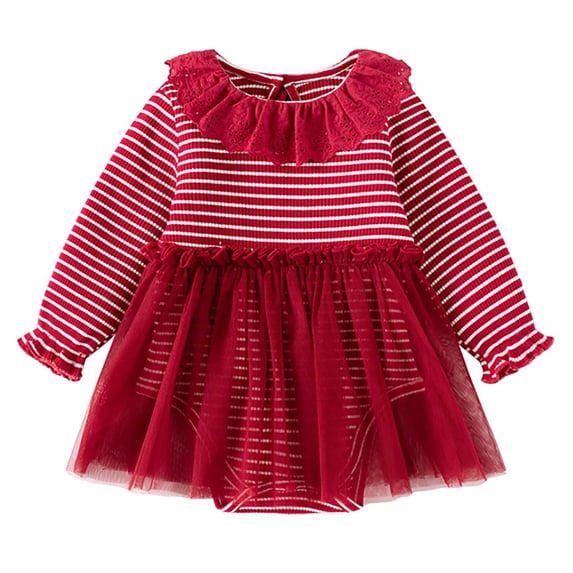 Newborn Girls Tutu-Dresses with Shorts 0-24M Infant Kids Cute Long Sleeve Ruffle Crewneck Tulle-Splice Stripe Printed Peplum Mini Dress