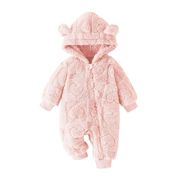 Newborn Hooded Fleece Jumpsuit Bear Ear Zip up Long Sleeve Warm Romper Heart Infant Baby Girls Cute Clothing, Pink, 12 Months