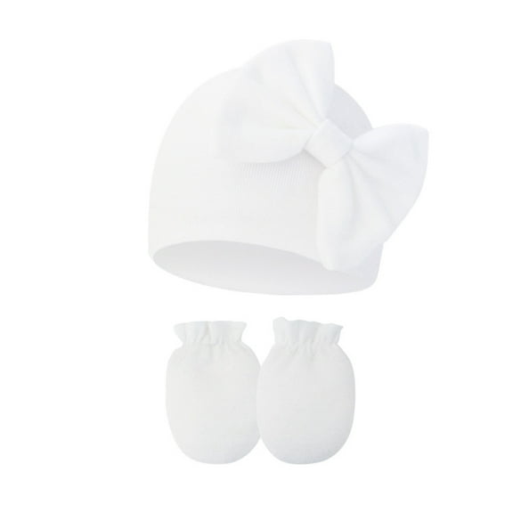 Newborn Hospital Beanie No Scratch Mittens Set, 0-6 Months Big Bow Infant Caps, Baby Girl Cute Nursery Headbands Hats