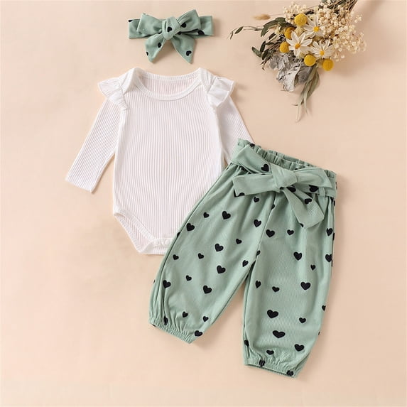 Newborn Infant Baby 3pc Clothes Ruffle Ribbed Long Sleeve Romper Bodysuit Pants Headbands Set with Belt Baby Outfits for Girl Green 6-9 Months