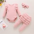 thumbnail image 1 of Newborn Infant Baby 3pc Clothes Ruffle Ribbed Long Sleeve Romper Bodysuit Skirts Pants Headbands Set Baby Outfits for Girl Pink 6-12 Months, 1 of 6