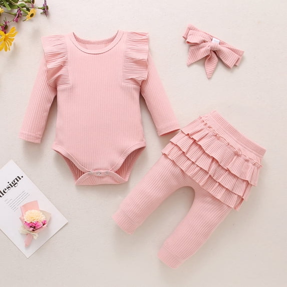 Newborn Infant Baby 3pc Clothes Ruffle Ribbed Long Sleeve Romper Bodysuit Skirts Pants Headbands Set Baby Outfits for Girl Pink 6-12 Months