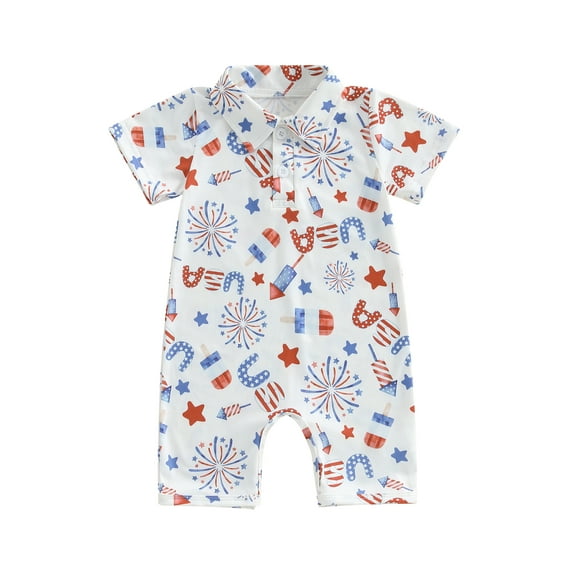 Newborn Infant Baby Boy 4th of July Outfits Cute Print Short Sleeve Turn Down Collar Button Front Romper Jumpsuit Shorts Cute Summer Clothes