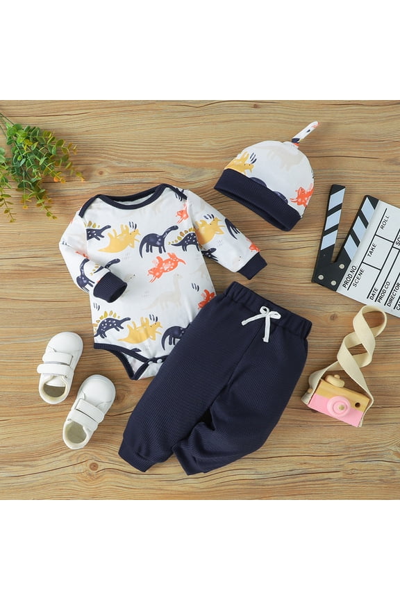 Baby Boy Clothes Dinosaur Print Long Sleeve Bodysuit Pants Hat 3 Pcs Outfits Set Blue 3 Months-6 Months