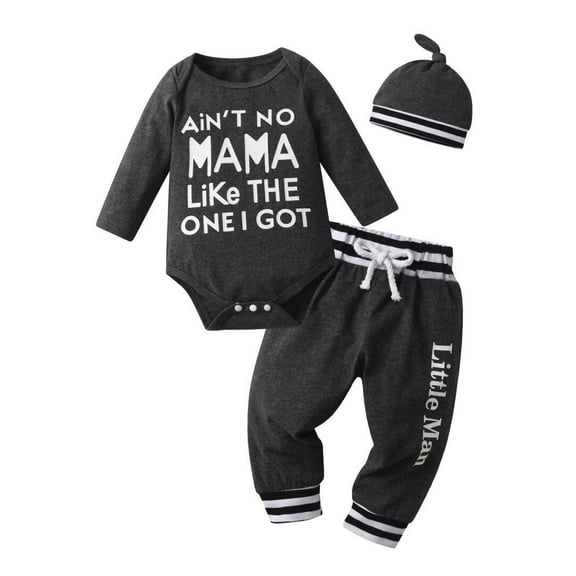 Newborn Infant Baby Boy Clothes Letter Long Sleeve Romper Pants Headband Hat Outfits Set Dark Gray 3-6 Months