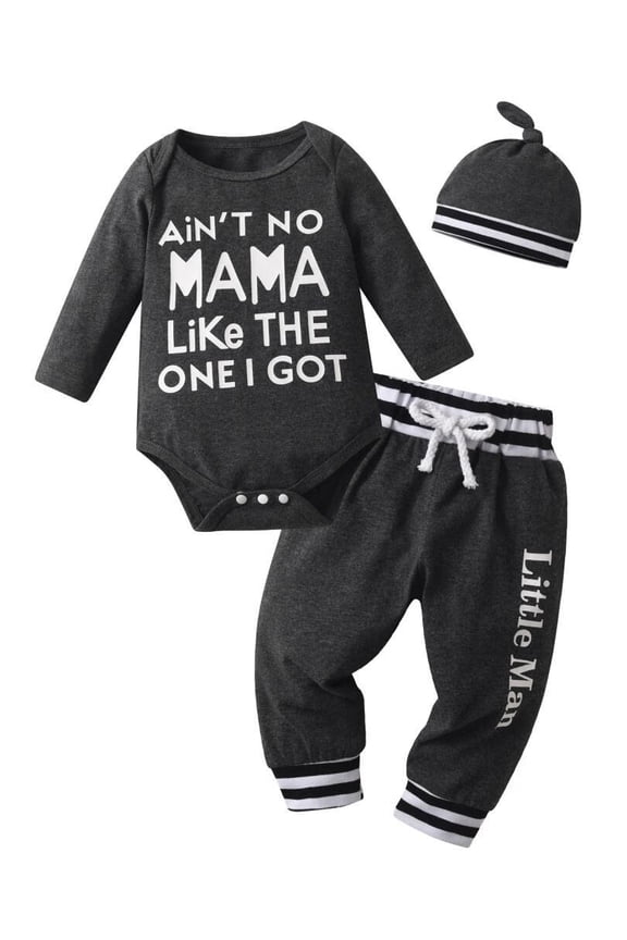 Newborn Infant Baby Boy Clothes Letter Long Sleeve Romper Pants Headband Hat Outfits Set Dark Gray 9-12 Months