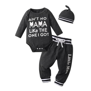 Newborn Infant Baby Boy Clothes Letter Long Sleeve Romper Pants Headband Hat Outfits Set Dark Gray