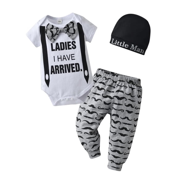 Newborn Infant Baby Boy Clothes Letter Short Sleeve Romper + Pants + Hat 3PCS Outfits Set Gray 6-9 Months