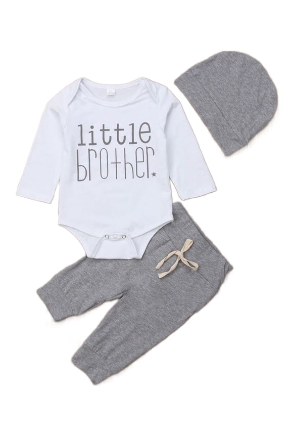 Newborn Infant Baby Boy Clothes Little Brother Printed Romper Jmpsuit Bodysuit + Long Pants + Hat Outfits Set