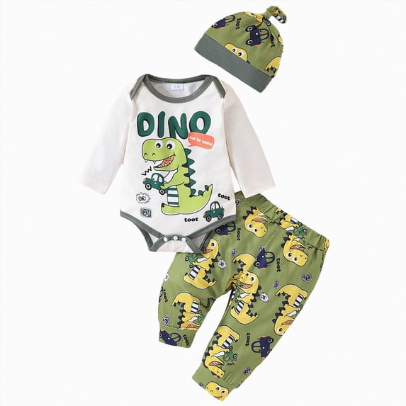 Newborn Infant Baby Boy Clothes Long Sleeve Letter DINO ear be anmo toot Print Romper Pants Hat Outfits Set Kaprioy
