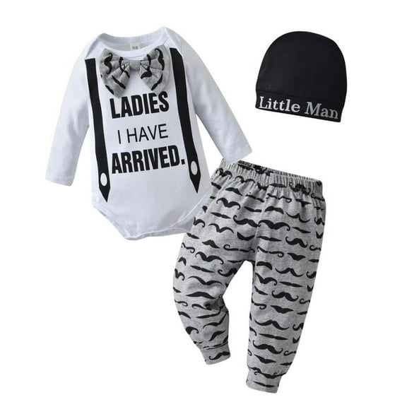 Newborn Infant Baby Boy Clothes Long Sleeve Letter Print Romper Pants and Hat Outfits Set 6-9 Months
