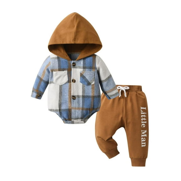 Newborn Infant Baby Boy Clothes Long Sleeve Plaid Romper Hooded Letter Pants Outfits Set Blue 0-3 Months