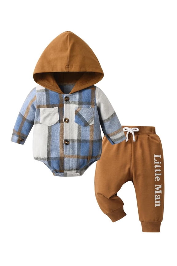 Newborn Infant Baby Boy Clothes Long Sleeve Plaid Romper Hooded Letter Pants Outfits Set Blue 3-6 Months