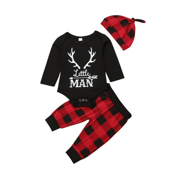 Newborn Infant Baby Boy Clothes Long Sleeve Romper,Deer Plaid Pant+ Little Man Hat 3Pcs Outfits Set (6-12 Months)