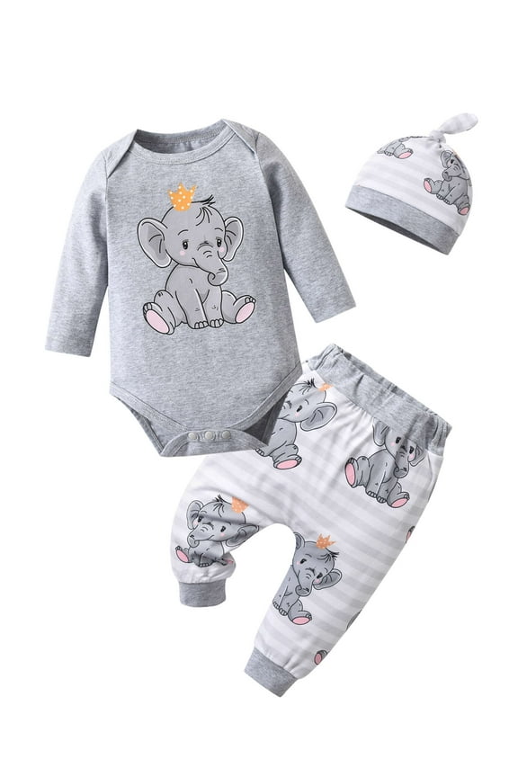 Newborn Infant Baby Boy Clothes Long Sleeve Romper Pants Headband Hat Outfits Set ( Newborn, Grey)