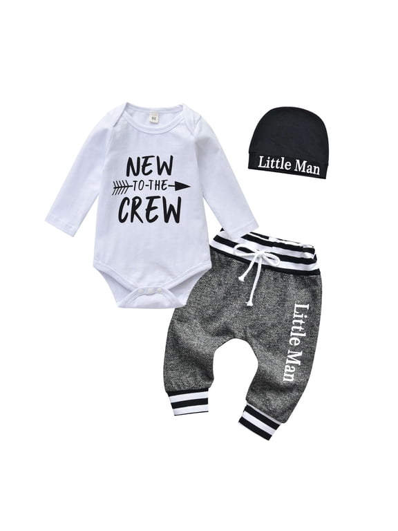 Newborn Infant Baby Boy Clothes Long Sleeve Romper Pants Headband Hat Outfits Set ( Newborn, White)